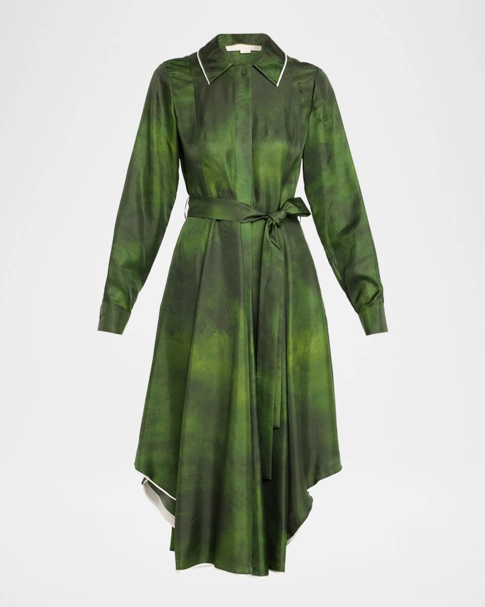 Smudged Canvas Silk Twill Midi Shirtdress With Belt